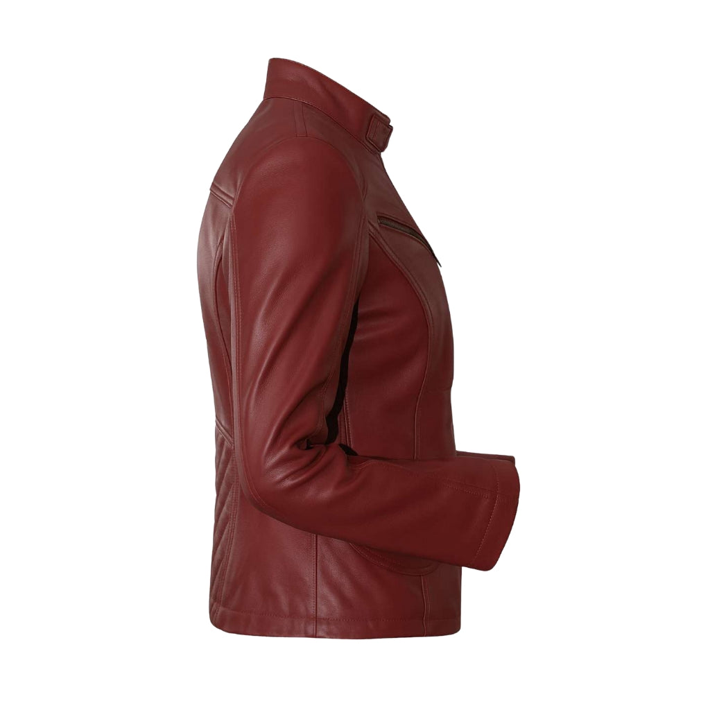 Buy Maroon Women Biker Leather Jacket – Premium Leather Outerwear for Style, Comfort & Ride-Ready Performance