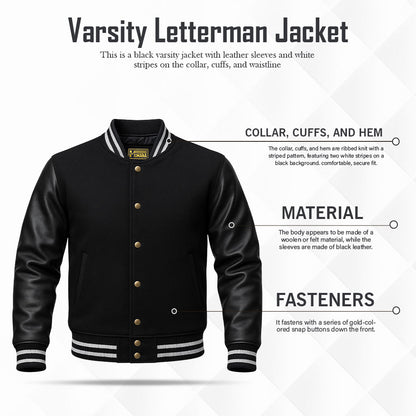 Buy Black Varsity Letterman Jacket – Premium Unisex Leather Outerwear with Classic Collegiate Style & Modern Comfort